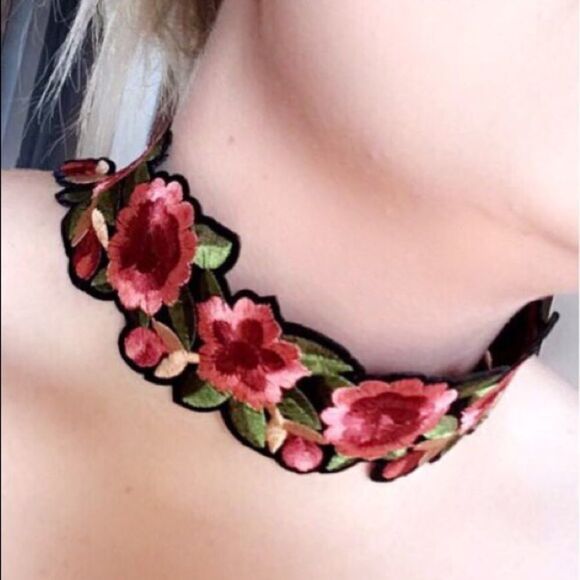 Floral Embroidered Choker Necklace | Boho Statement Collar - Picture 5 of 8
